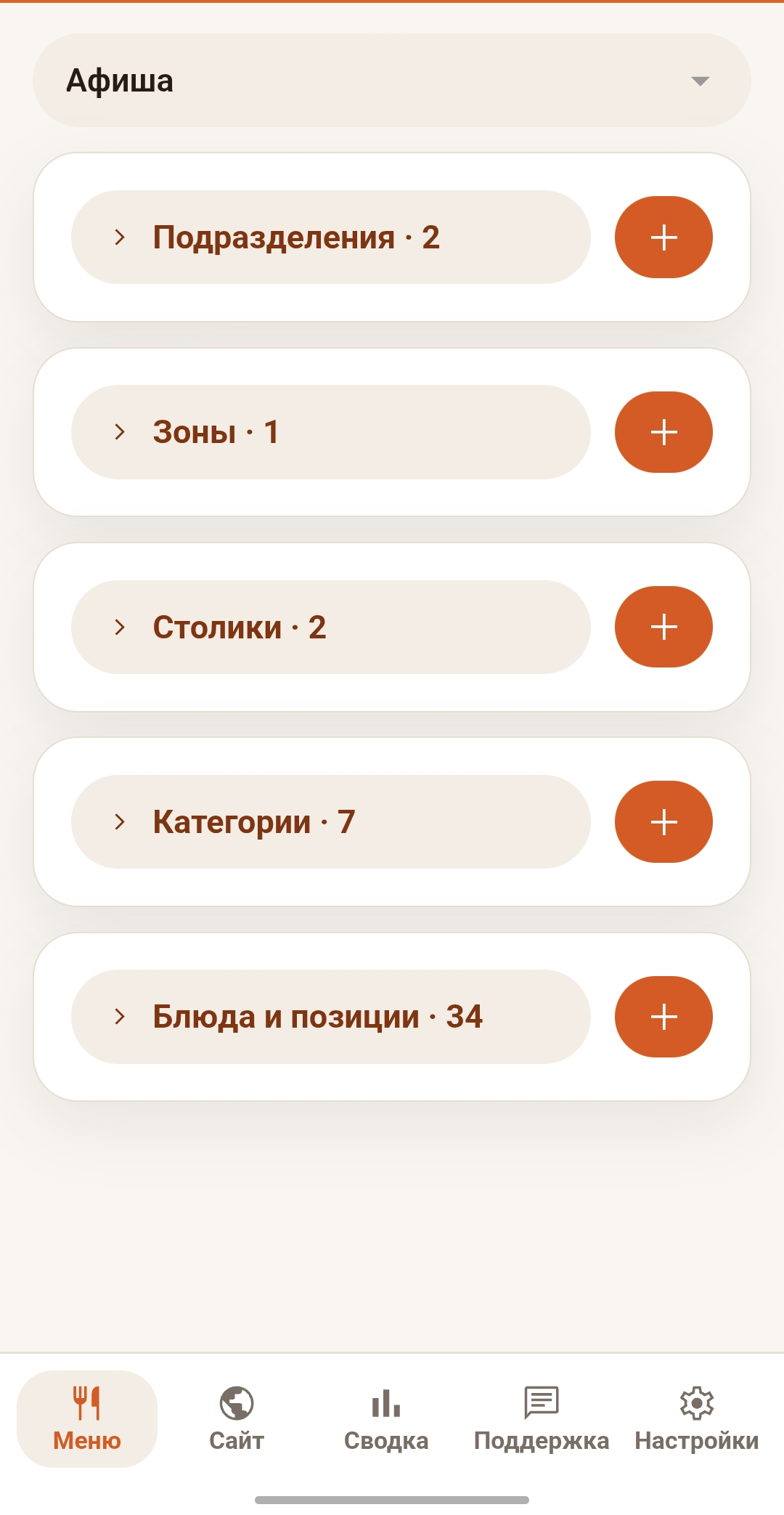 Разделы меню в Foodnik Admin